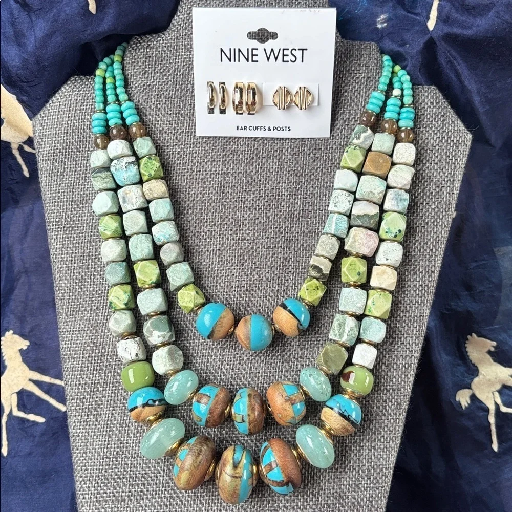 Vintage Navajo Green Turquoise Beaded Multi-Strand Necklace & Nine West Earrings